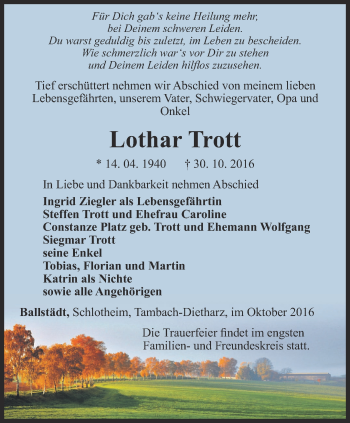 Traueranzeige von Lothar Trott von Ostthüringer Zeitung, Thüringische Landeszeitung