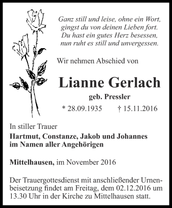 Traueranzeige von Lianne Gerlach von Thüringer Allgemeine, Thüringische Landeszeitung