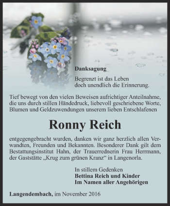Traueranzeige von Ronny Reich von Ostthüringer Zeitung