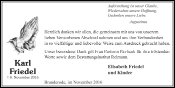 Traueranzeige von Karl Friedel von Thüringer Allgemeine