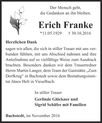 Traueranzeige von Erich Franke von Thüringer Allgemeine