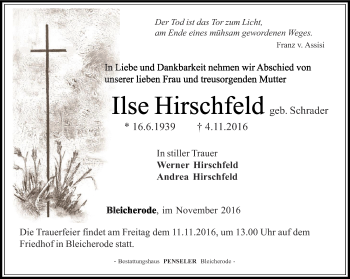 Traueranzeige von Ilse Hirschfeld von Thüringer Allgemeine