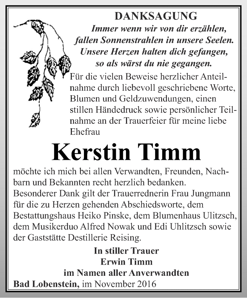 Traueranzeigen von Kerstin Timm | trauer-in-thueringen.de