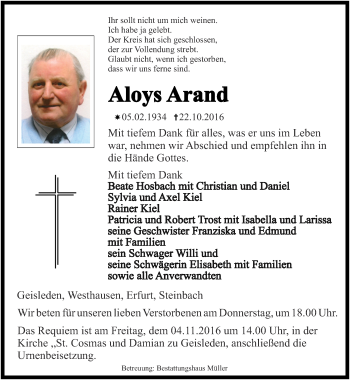 Traueranzeige von Aloys Arand von Thüringer Allgemeine