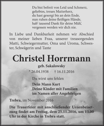 Traueranzeige von Christel Horrmann von Thüringer Allgemeine