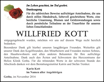 Traueranzeige von Willfried Kott von Ostthüringer Zeitung, Thüringische Landeszeitung