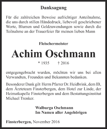 Traueranzeige von Achim Oschmann von Ostthüringer Zeitung, Thüringische Landeszeitung