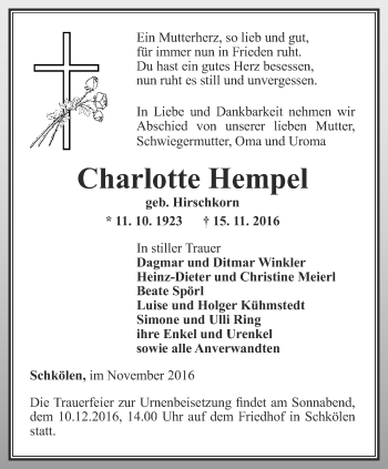 Traueranzeige von Charlotte Hempel von Ostthüringer Zeitung