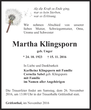 Traueranzeige von Martha Klingsporn von Ostthüringer Zeitung