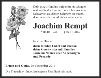 Traueranzeige von Joachim Rempt von Thüringer Allgemeine, Thüringische Landeszeitung