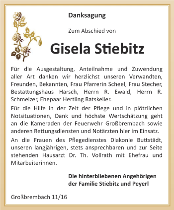 Traueranzeige von Gisela Stiebitz von Thüringer Allgemeine