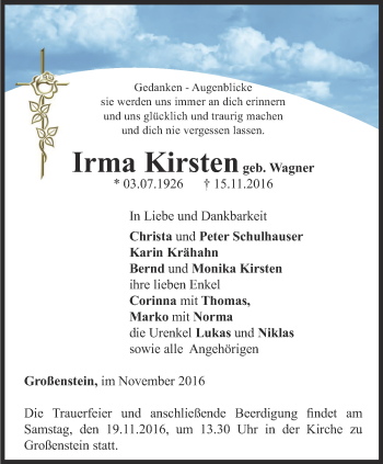 Traueranzeige von Irma Kirsten von Ostthüringer Zeitung