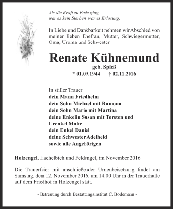 Traueranzeige von Renate Kühnemund von Thüringer Allgemeine