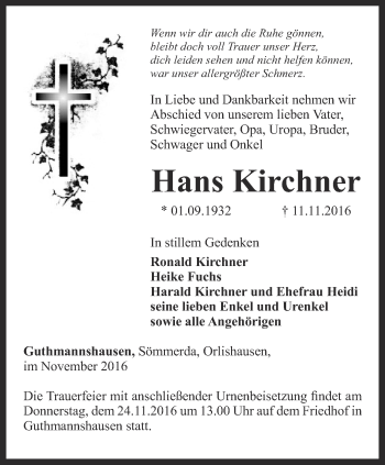 Traueranzeige von Hans Kirchner von Thüringer Allgemeine