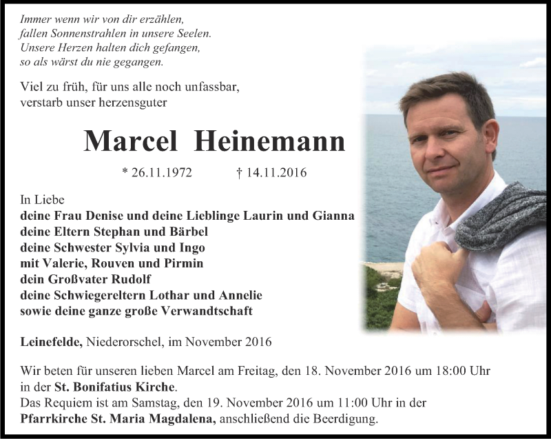  Traueranzeige für Marcel Heinemann vom 17.11.2016 aus Thüringer Allgemeine