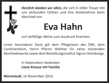Traueranzeige von Eva Hahn von Thüringer Allgemeine, Thüringische Landeszeitung