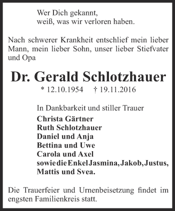 Traueranzeige von Gerald Schlotzhauer von Thüringer Allgemeine, Thüringische Landeszeitung