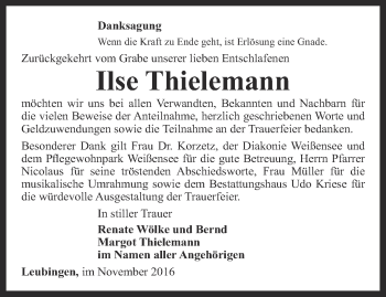 Traueranzeige von Ilse Thielemann von Thüringer Allgemeine