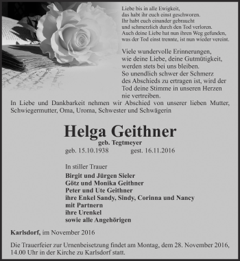 Traueranzeige von Helga Geithner von Ostthüringer Zeitung