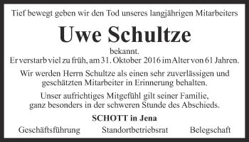Traueranzeige von Uwe Schultze von Ostthüringer Zeitung, Thüringische Landeszeitung