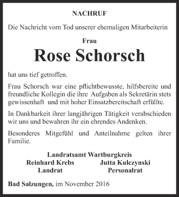 Traueranzeige von Rose Schorsch von Thüringer Allgemeine, Thüringische Landeszeitung