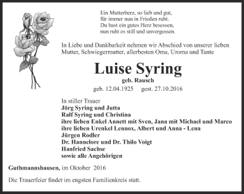 Traueranzeige von Luise Syring von Thüringer Allgemeine