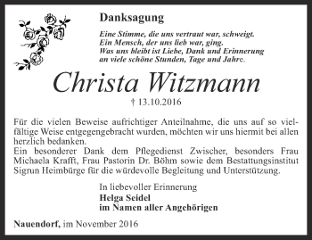 Traueranzeige von Christa Witzmann von Thüringer Allgemeine, Thüringische Landeszeitung