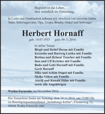 Traueranzeige von Herbert Hornaff von Thüringer Allgemeine, Thüringische Landeszeitung