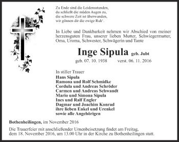 Traueranzeige von Inge Sipula von Thüringer Allgemeine, Thüringische Landeszeitung