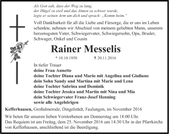 Traueranzeige von Rainer Messelis von Thüringer Allgemeine