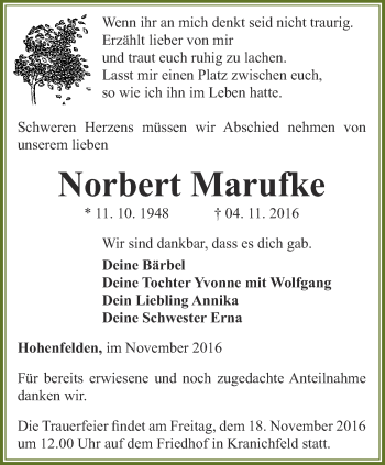 Traueranzeige von Norbert Marufke von Thüringer Allgemeine, Thüringische Landeszeitung