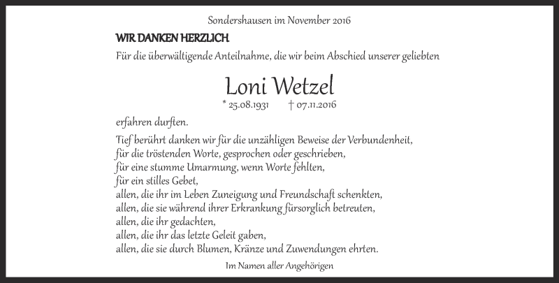  Traueranzeige für Loni Wetzel vom 26.11.2016 aus Thüringer Allgemeine