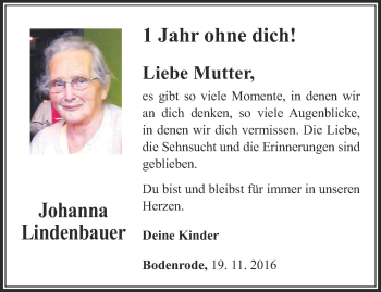 Traueranzeige von Johanna Lindenbauer von Thüringer Allgemeine