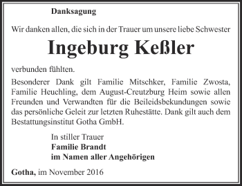 Traueranzeige von Ingeburg Keßler von Ostthüringer Zeitung, Thüringische Landeszeitung