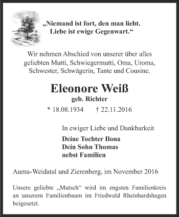 Traueranzeige von Eleonore Weiß von Ostthüringer Zeitung