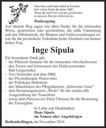 Traueranzeige von Inge Sipula von Thüringer Allgemeine, Thüringische Landeszeitung