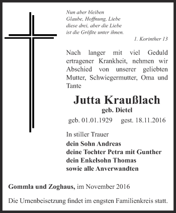 Traueranzeige von Jutta Kraußlach von Ostthüringer Zeitung