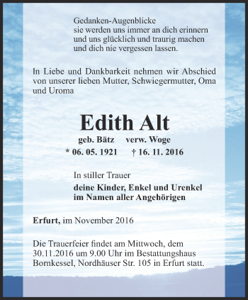 Traueranzeige von Edith Alt von Thüringer Allgemeine, Thüringische Landeszeitung