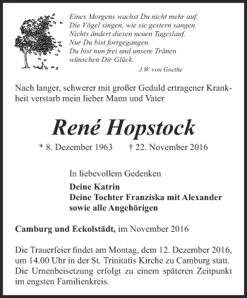 Traueranzeige von René Hopstock von Ostthüringer Zeitung, Thüringische Landeszeitung