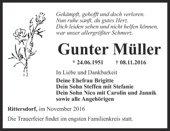 Traueranzeige von Gunter Müller von Thüringer Allgemeine, Thüringische Landeszeitung