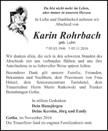 Traueranzeige von Karin Rohrbach von Ostthüringer Zeitung, Thüringische Landeszeitung