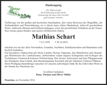 Traueranzeige von Mathias Schart von Ostthüringer Zeitung