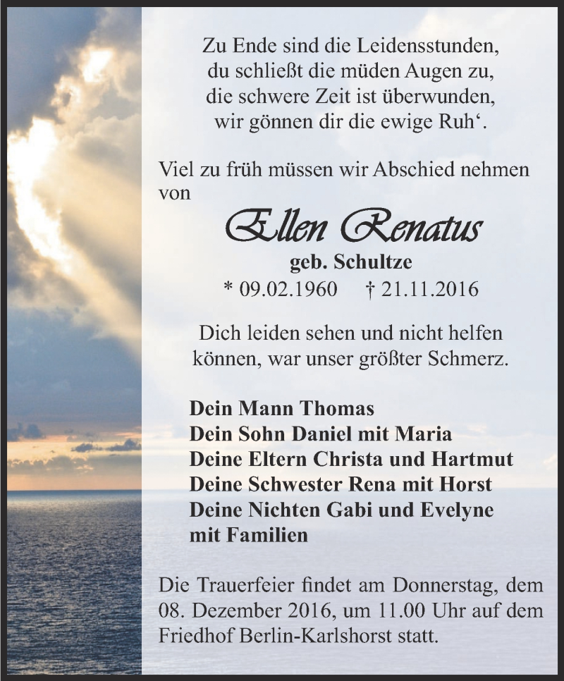  Traueranzeige für Ellen Renatus vom 26.11.2016 aus Thüringer Allgemeine, Thüringische Landeszeitung