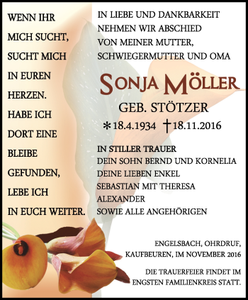 Traueranzeige von Sonja Möller von Ostthüringer Zeitung, Thüringische Landeszeitung