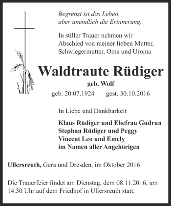 Traueranzeige von Waldtraute Rüdiger von Ostthüringer Zeitung