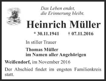 Traueranzeige von Heinrich Müller von Ostthüringer Zeitung