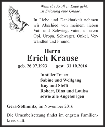 Traueranzeige von Erich Krause von Ostthüringer Zeitung