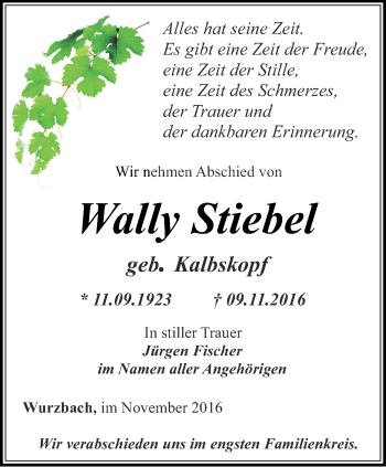 Traueranzeige von Wally Stiebel von Ostthüringer Zeitung