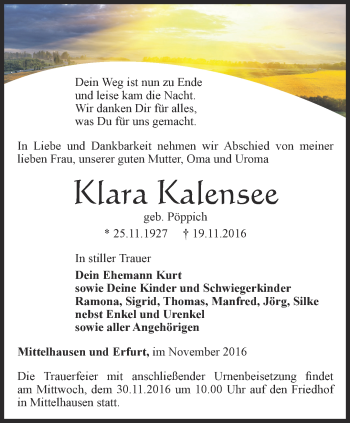 Traueranzeige von Klara Kalensee von Thüringer Allgemeine, Thüringische Landeszeitung