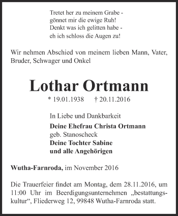 Traueranzeige von Lothar Ortmann von Thüringer Allgemeine, Thüringische Landeszeitung